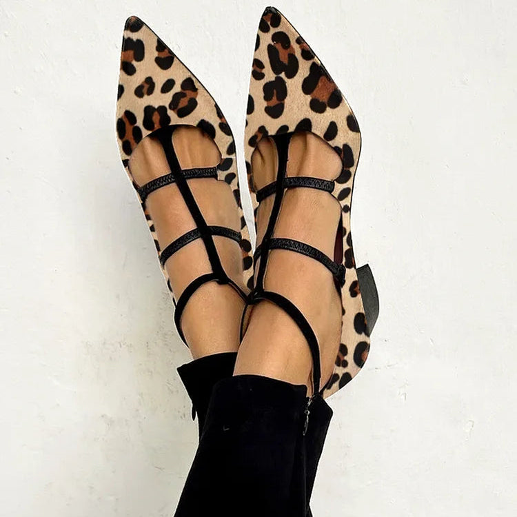 Leopard Pointed Toe Caged Strappy Flats