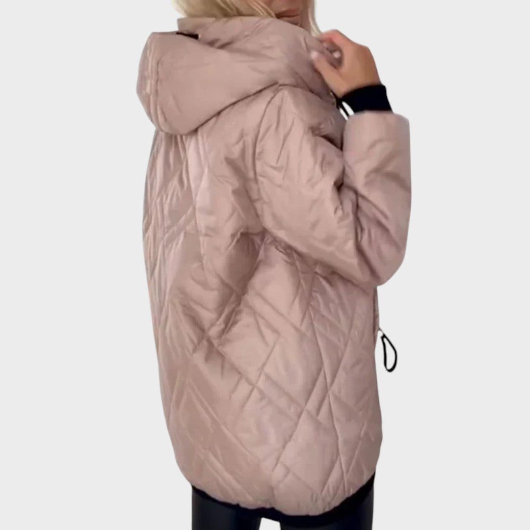 Quilted Hooded Drawstring Zip Front Jacket