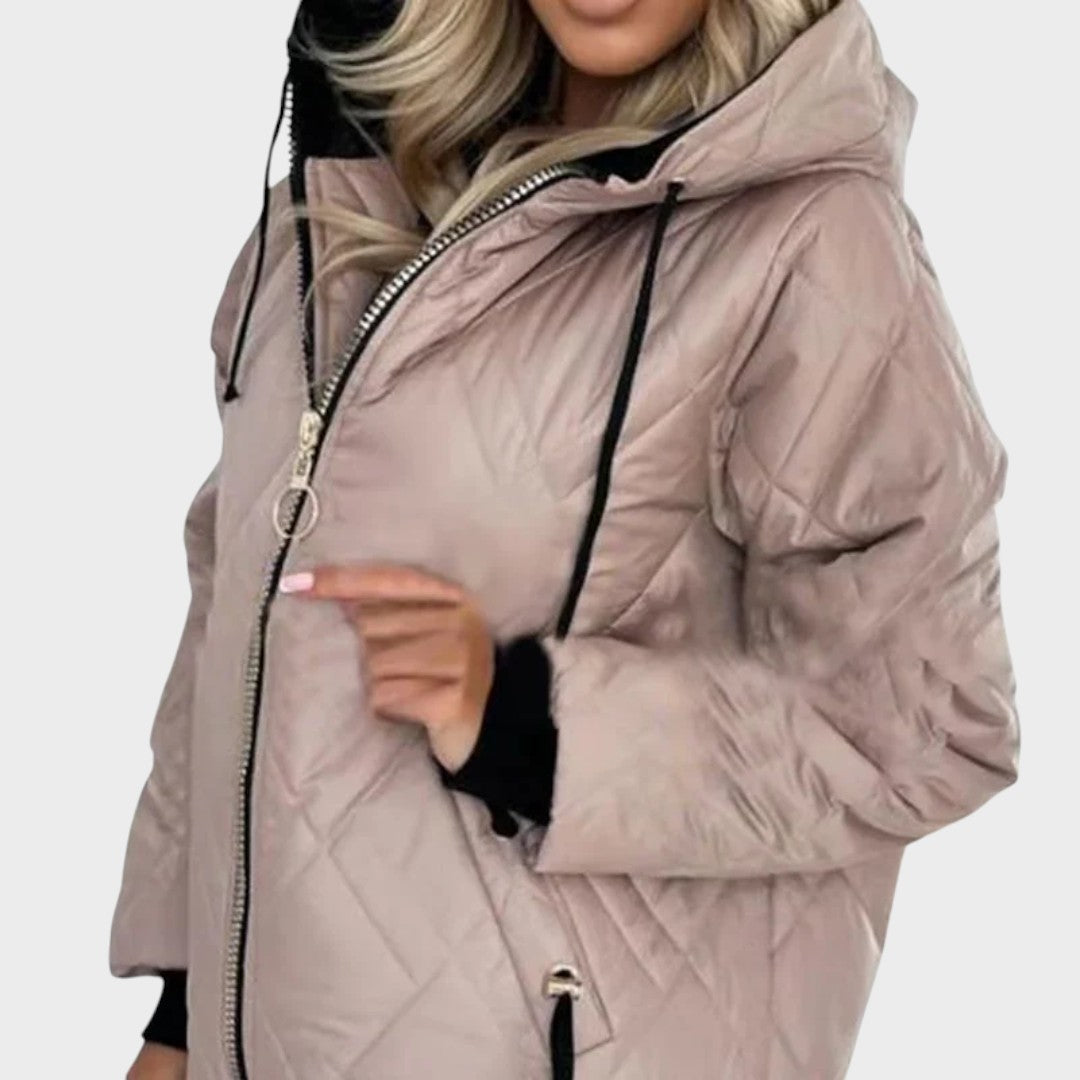 Quilted Hooded Drawstring Zip Front Jacket