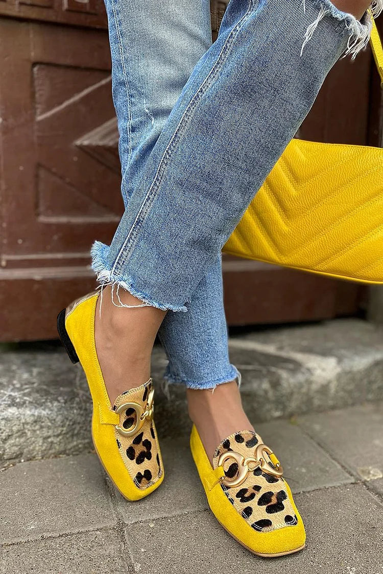 Leopard Print Square Toe Buckle Loafers
