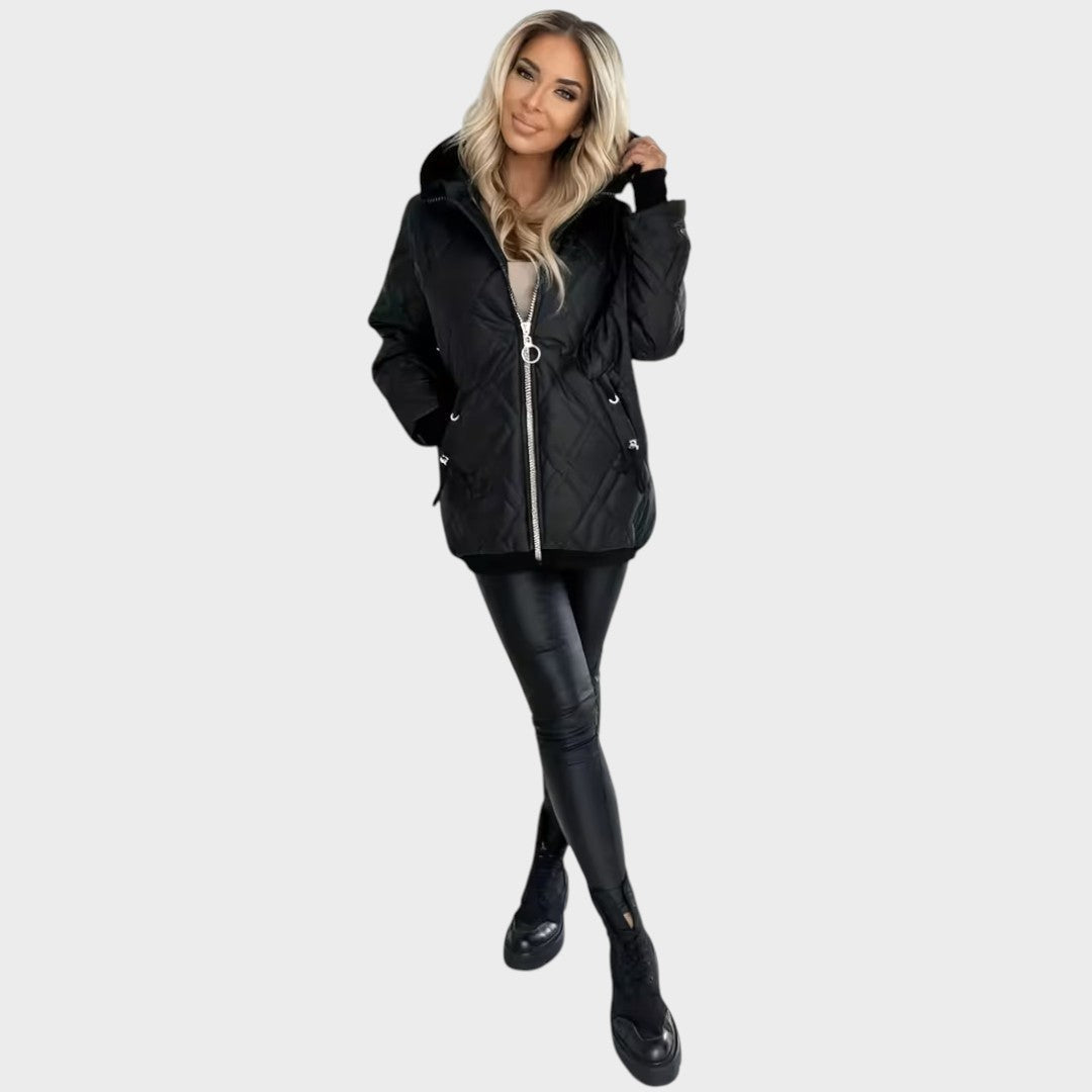 Quilted Hooded Drawstring Zip Front Jacket