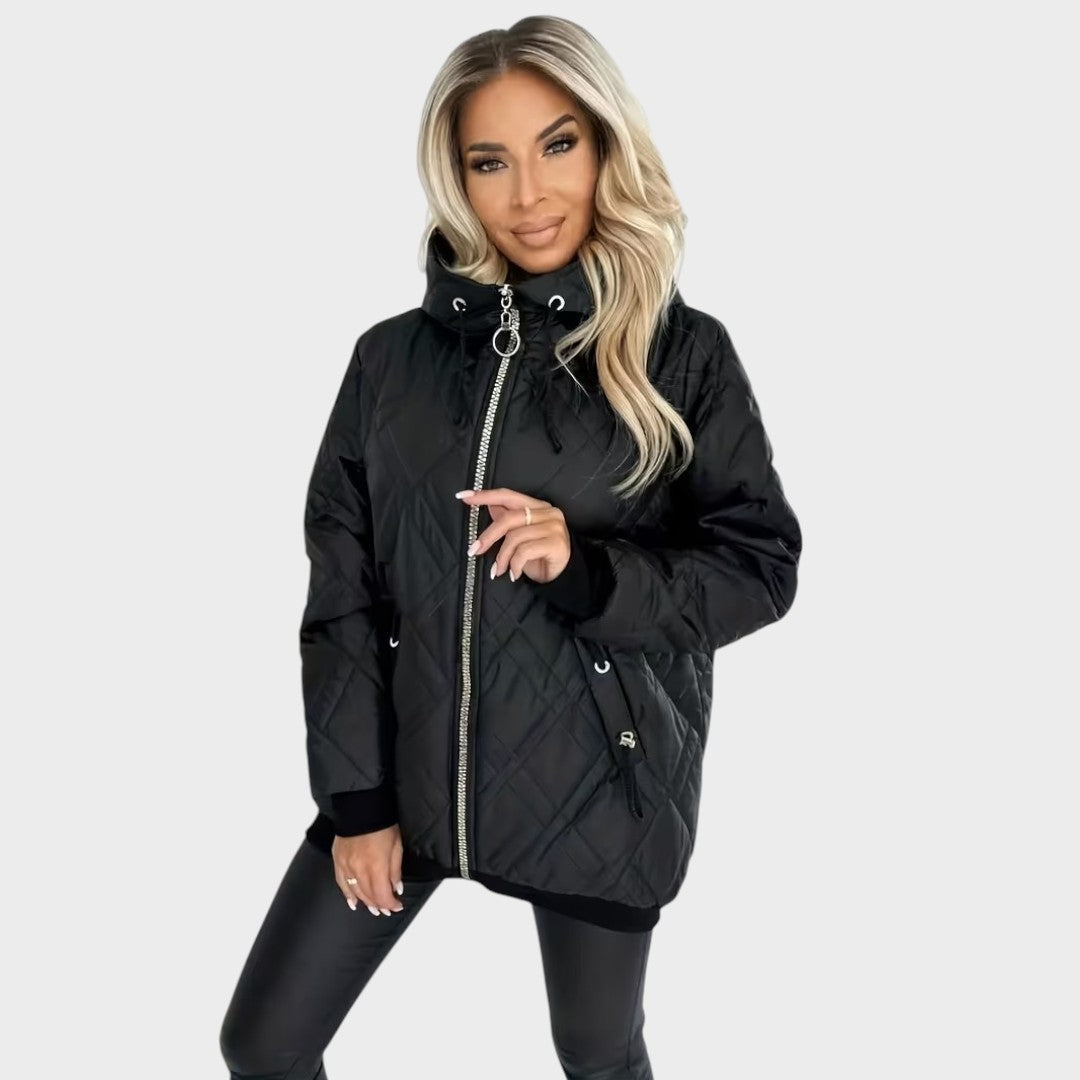 Quilted Hooded Drawstring Zip Front Jacket