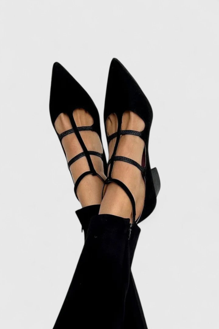 Pointed Toe Multi Strap Cage Suede Look Low Heel Pumps