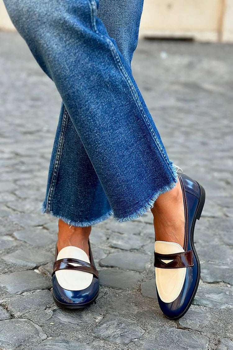 Patent Look Round Toe Contrast Penny Strap Flat Loafers