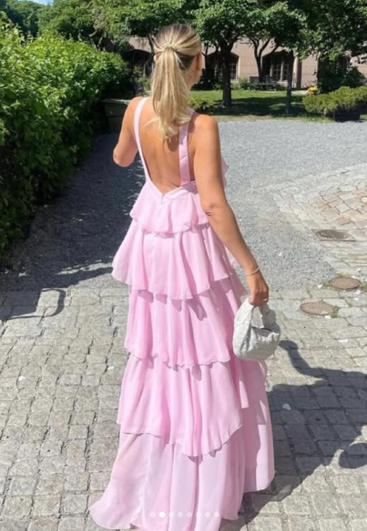 Women's Pink A-line Tiered Prom Dress,Pink Backless Evening Dress cc1207