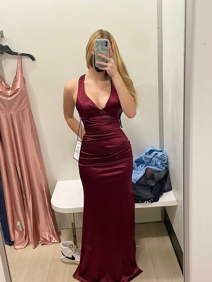 Simple Burgundy V Neck Long Party Dress Formal Prom Dress      fg6917