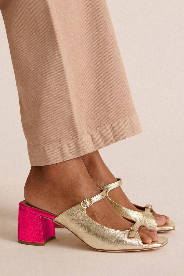 Open Toe T-Strap Contrast Block Heel Mules