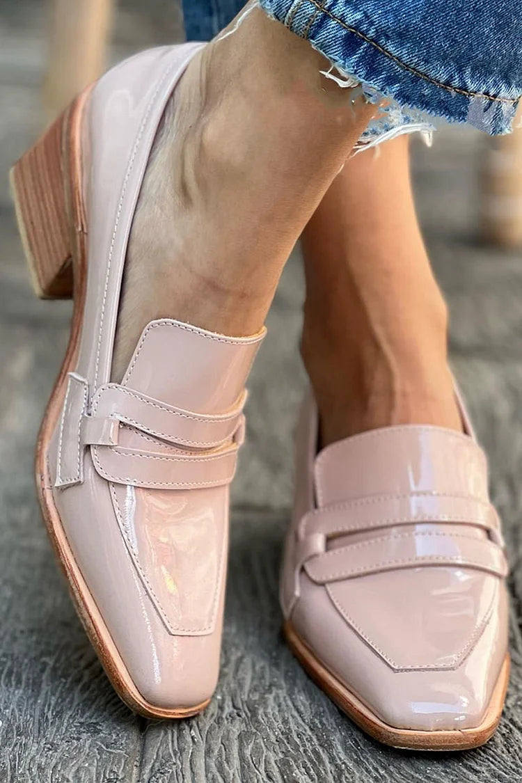 Patent Look Square Toe Block Heel Loafers