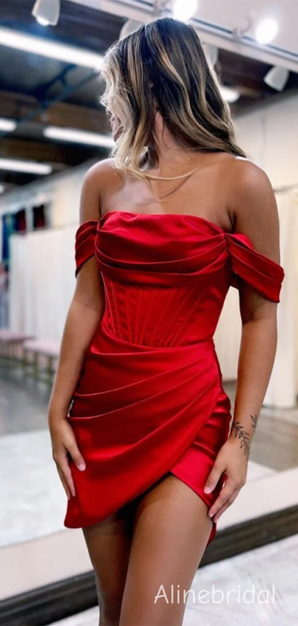 Satin Off Shoulder Corset Pleated Wrap Hem Mini Homecoming Dress 2