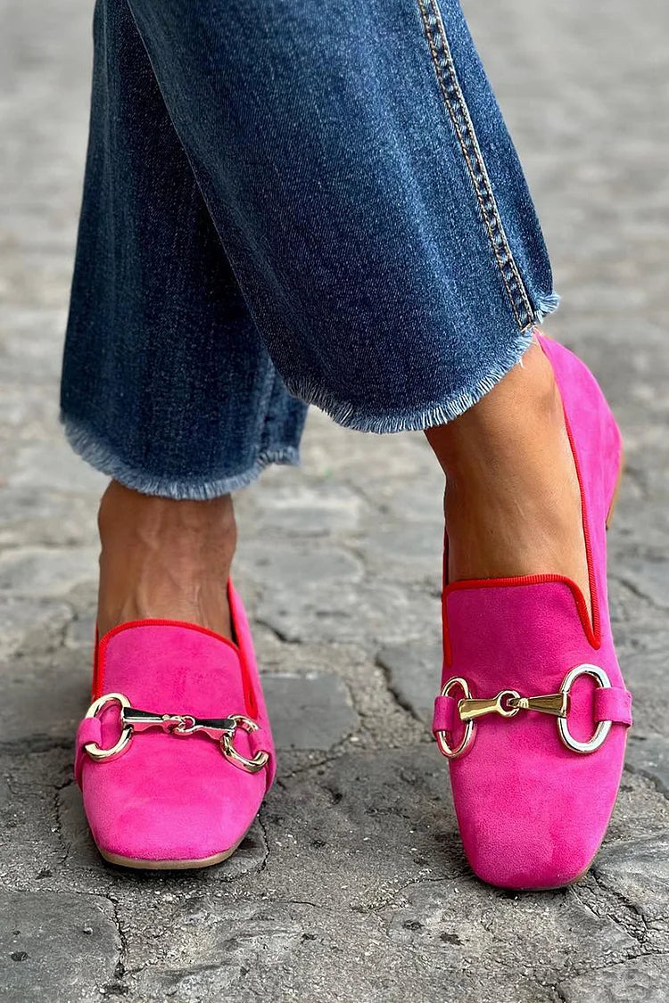 Square Toe Buckle Suede Look Flat Loafers