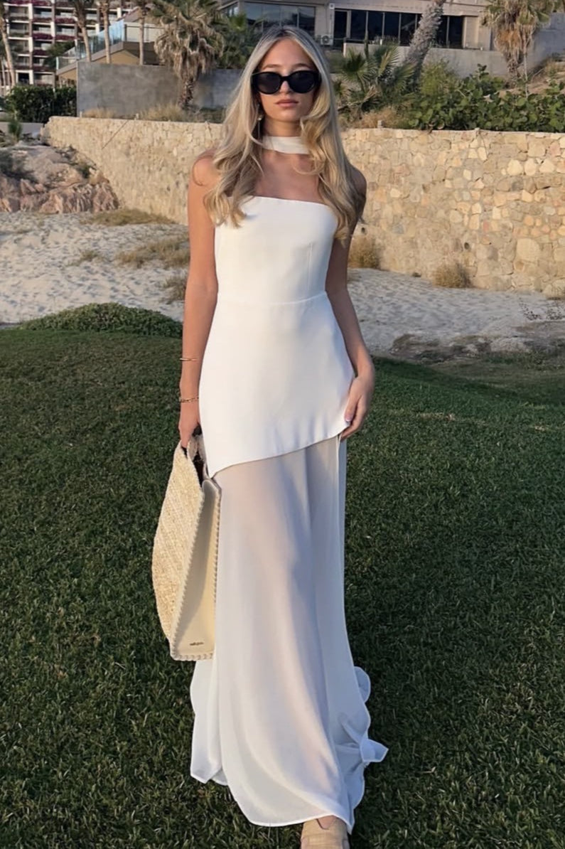 Strapless Scarf Neck High Split Bodycon Maxi Dress
