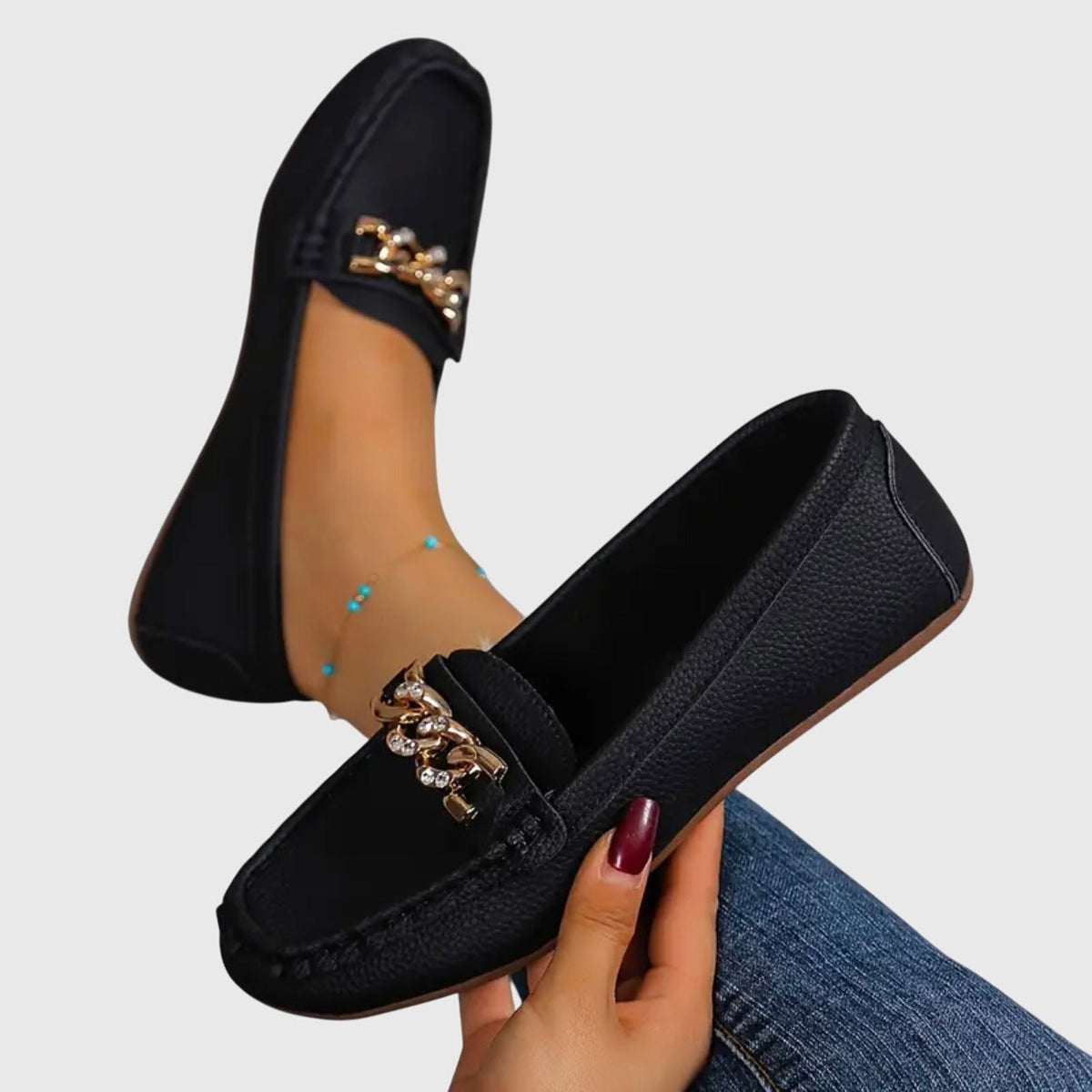 Chain Embellished Round Toe Slip On Loafers