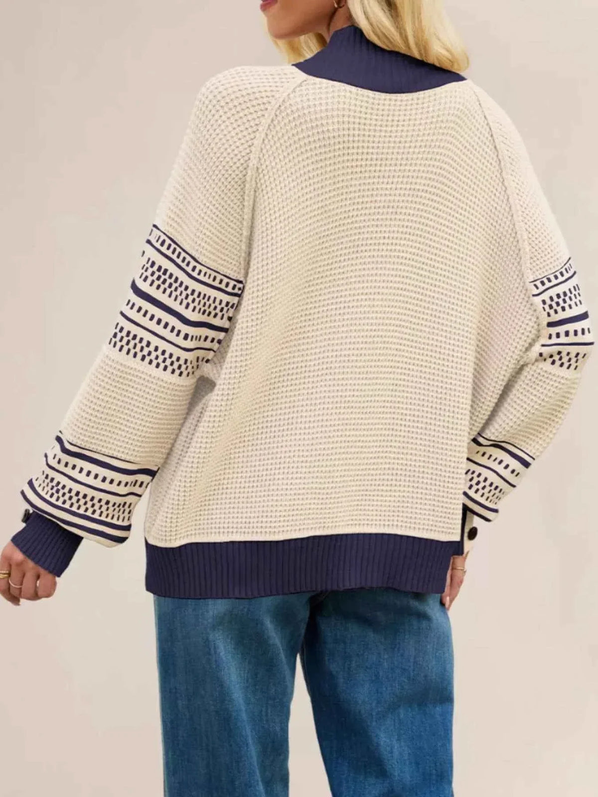 Mock Neck Contrast Trim Button Cuff Lantern Sleeve Waffle Knit Sweater 2