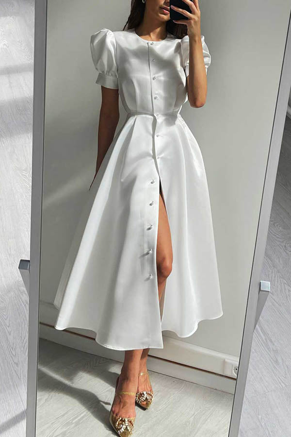 Chic and Classy Vibe Puff Sleeve Pearl Button Slit Midi Dress - View 11