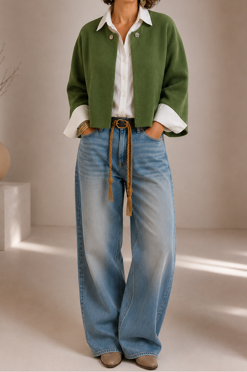 Collared Button Front Textured Knit Cropped Jacket