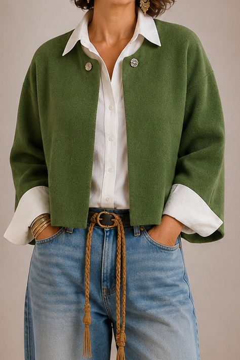 Collared Button Front Textured Knit Cropped Jacket