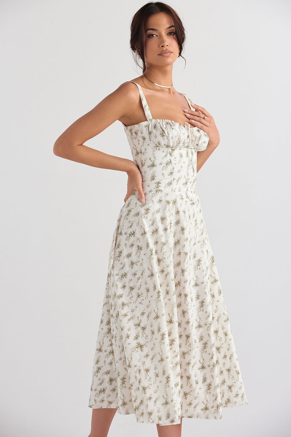 Ditsy Floral Sweetheart Tie Front Bustier High Split Maxi Dress 7