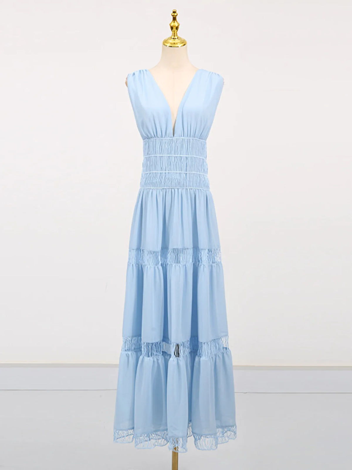 Deep V-Neck Sleeveless Smocked Waist Ladder Trim Tiered Maxi Dress 11