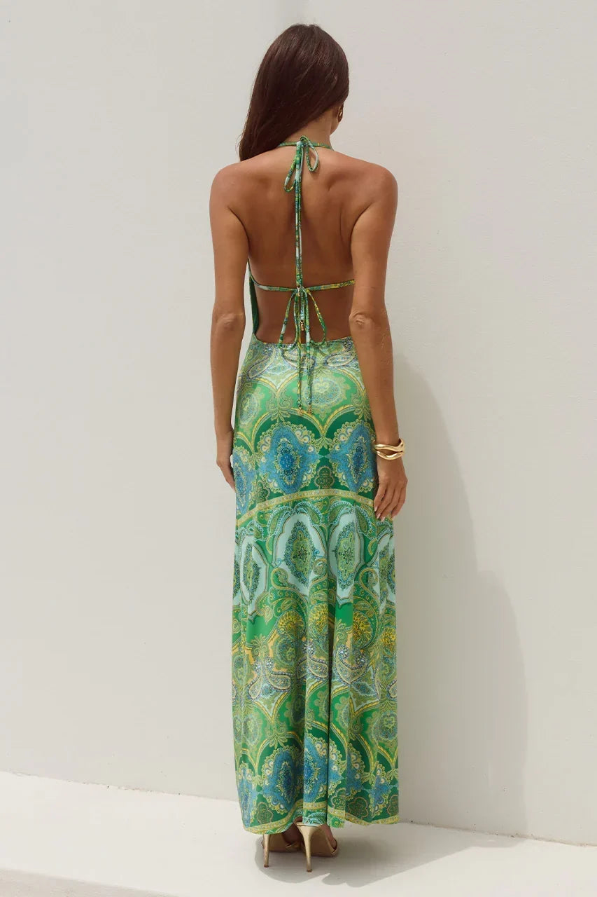 Paisley Print Halter Cowl Neck Ring Detail Bodycon Maxi Dress 2