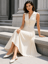 Ruched Ice Silk Lapel High Waist Work Dress