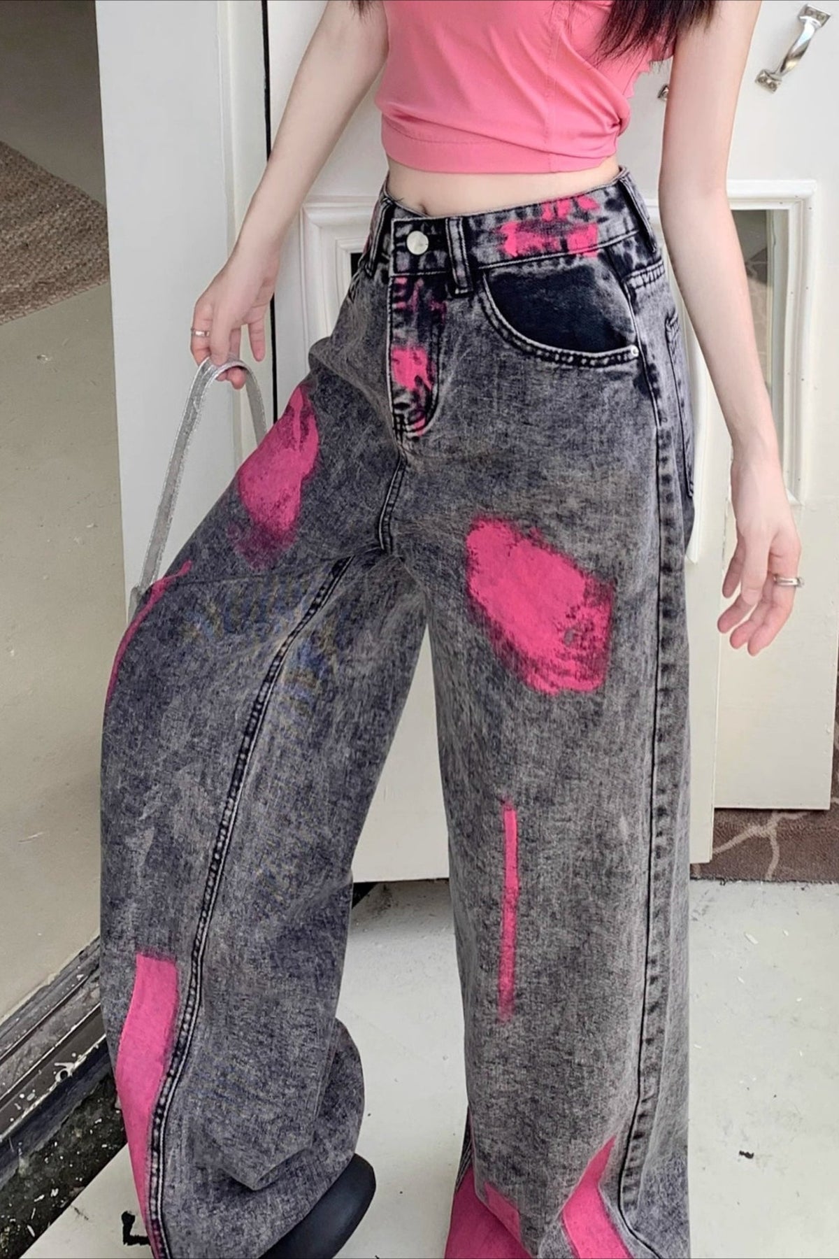 Acid Wash Graffiti Paint Print High Waist Wide Leg Jeans 3