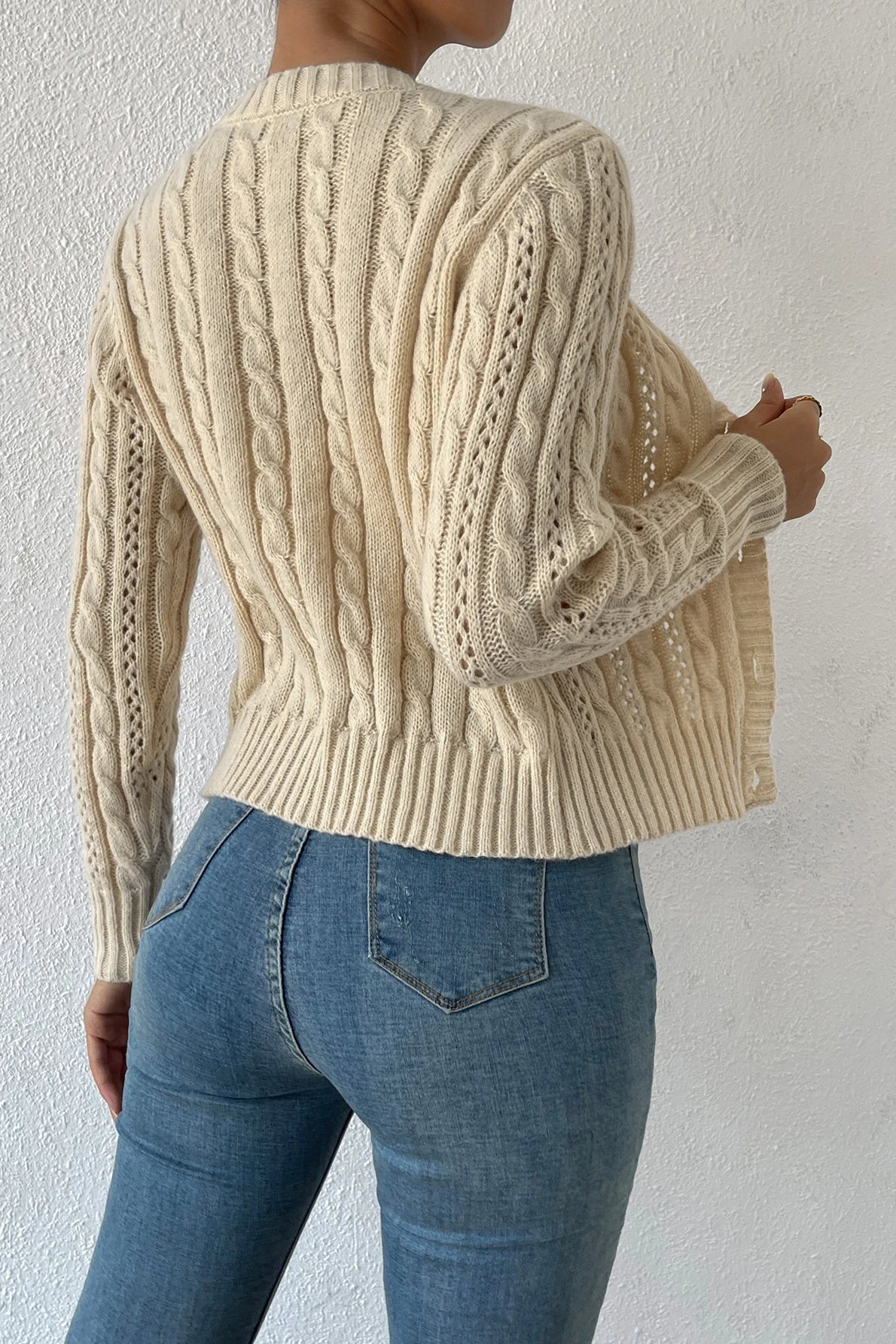 Crew Neck Long Sleeve Button Front Cable Knit Cropped Cardigan 2
