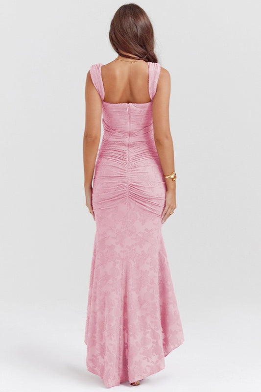 Velvet Square Neck Ruched Waist Lace Midi Dress