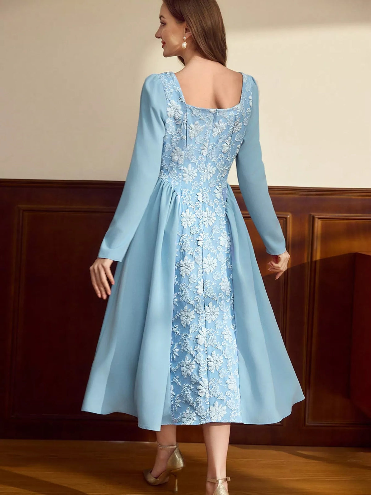 Floral Embroidered Panel Square Neck Long Sleeve A-Line Midi Dress 2