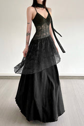 Lace Trim Sheer Waist Tie Cami Maxi Lace Dress 5