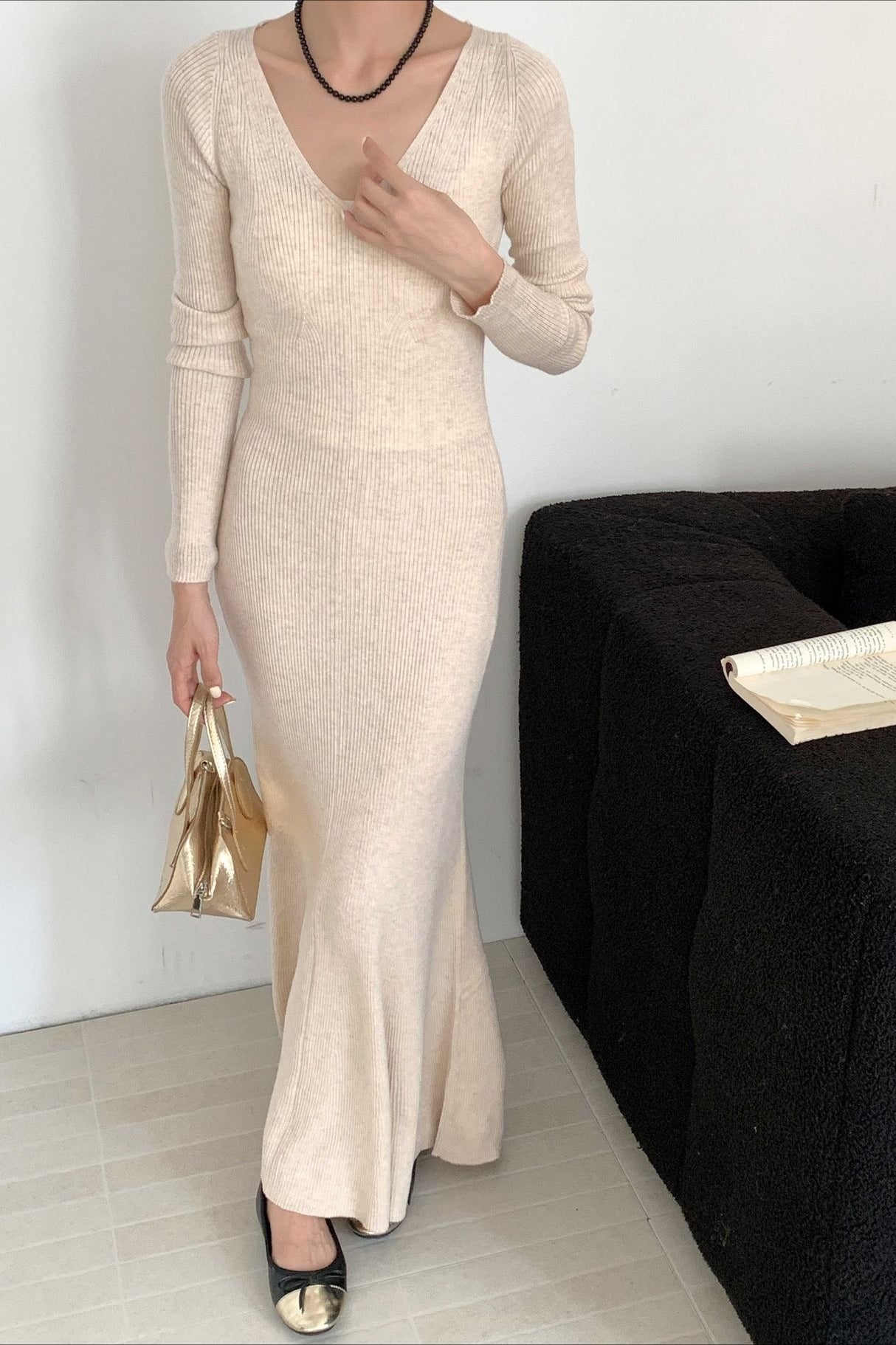 V-Neck Wool Sweater Dress