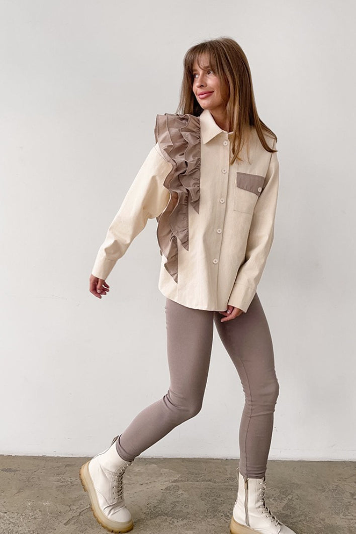 Collared Long Sleeve Contrast Ruffle Trim Chest Pocket Oversized Shirt 3