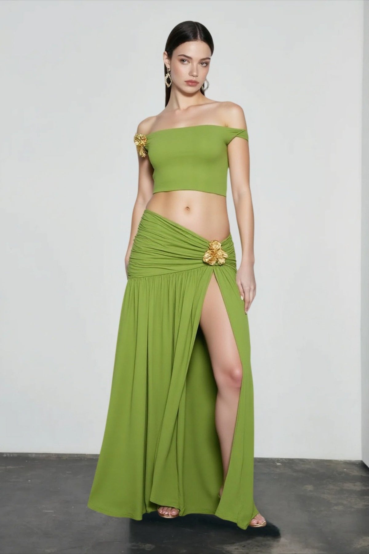 Off Shoulder Crop Top and Ruched High Split Maxi Skirt Two Piece Set