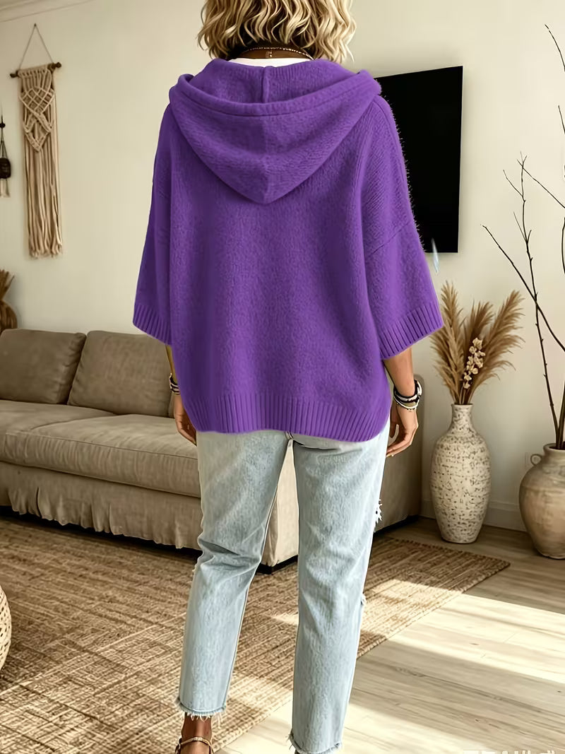 Hooded Drawstring Oversized Knit Poncho Sweater