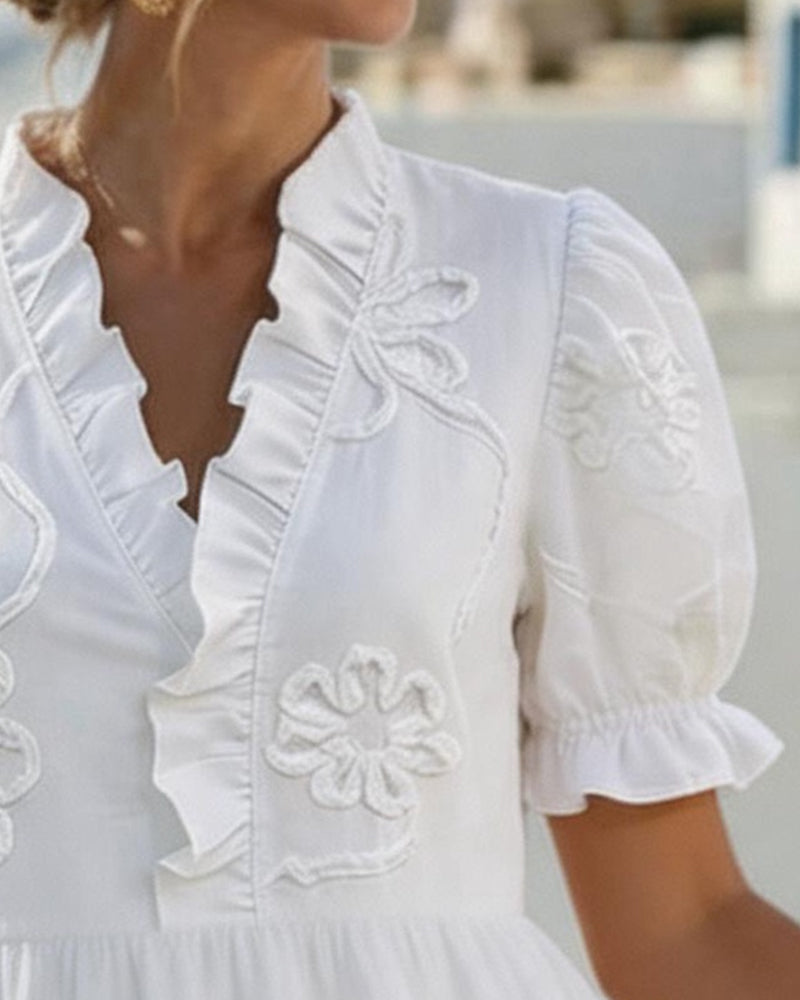 Floral Embroidered Ruffle Neck Puff Sleeve Tiered Midi Dress