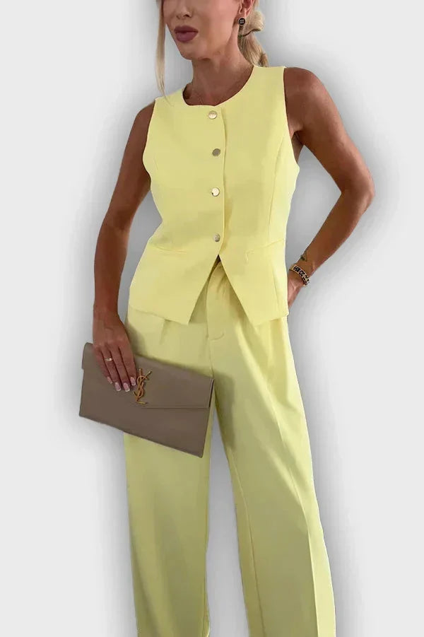 Sleeveless Button Vest and Wide Leg Pants Two Piece Set
