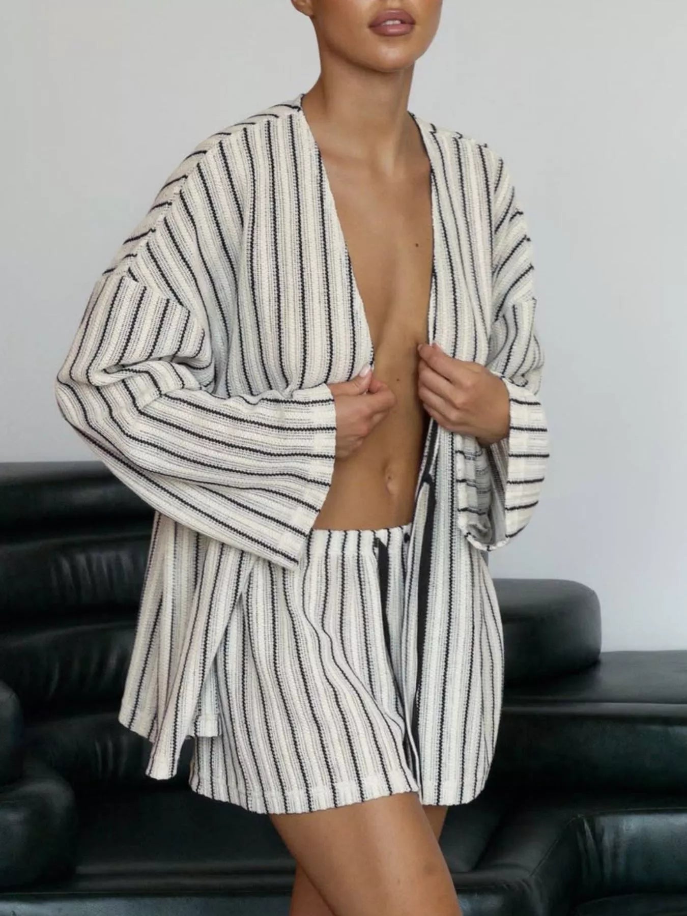 Striped Tie Front Top and Shorts Lounge Set