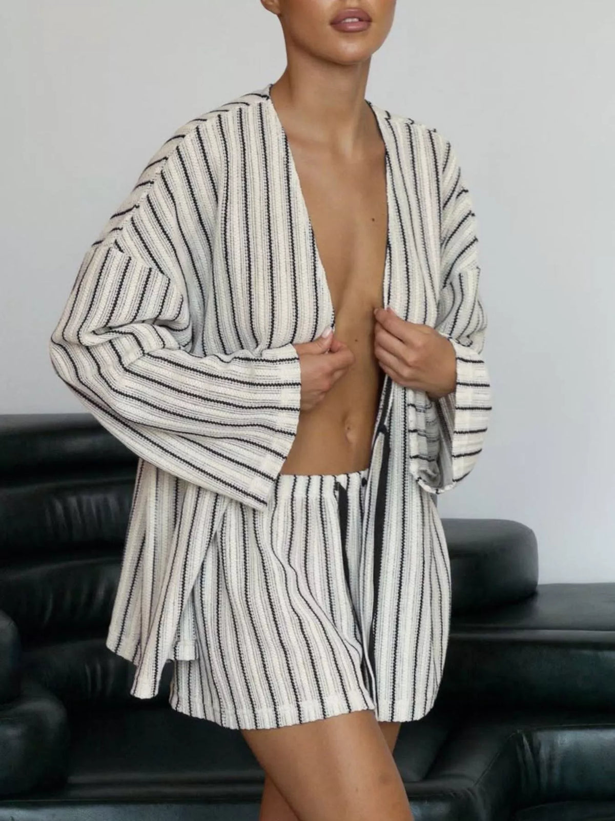 Striped Tie Front Wide Sleeve Top and Drawstring Shorts Two Piece Set 4