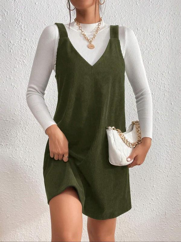 Corduroy V-Neck Sleeveless Pinafore Mini Dress