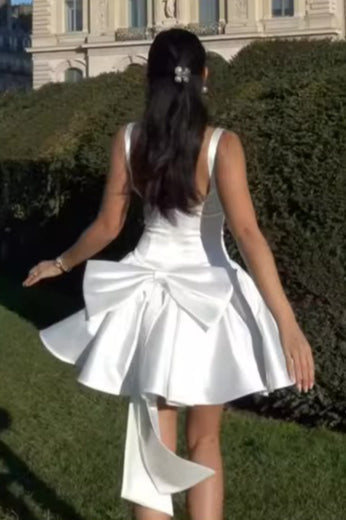 Satin Sleeveless Scoop Back Oversized Bow Pleated Mini Party Dress