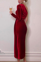 Velvet Sexy Single Sleeve Slimming High Slit Midi Dress - View 5