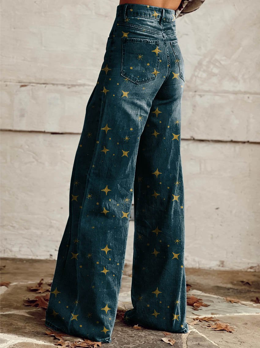 Star Print High Waist Wide Leg Jeans