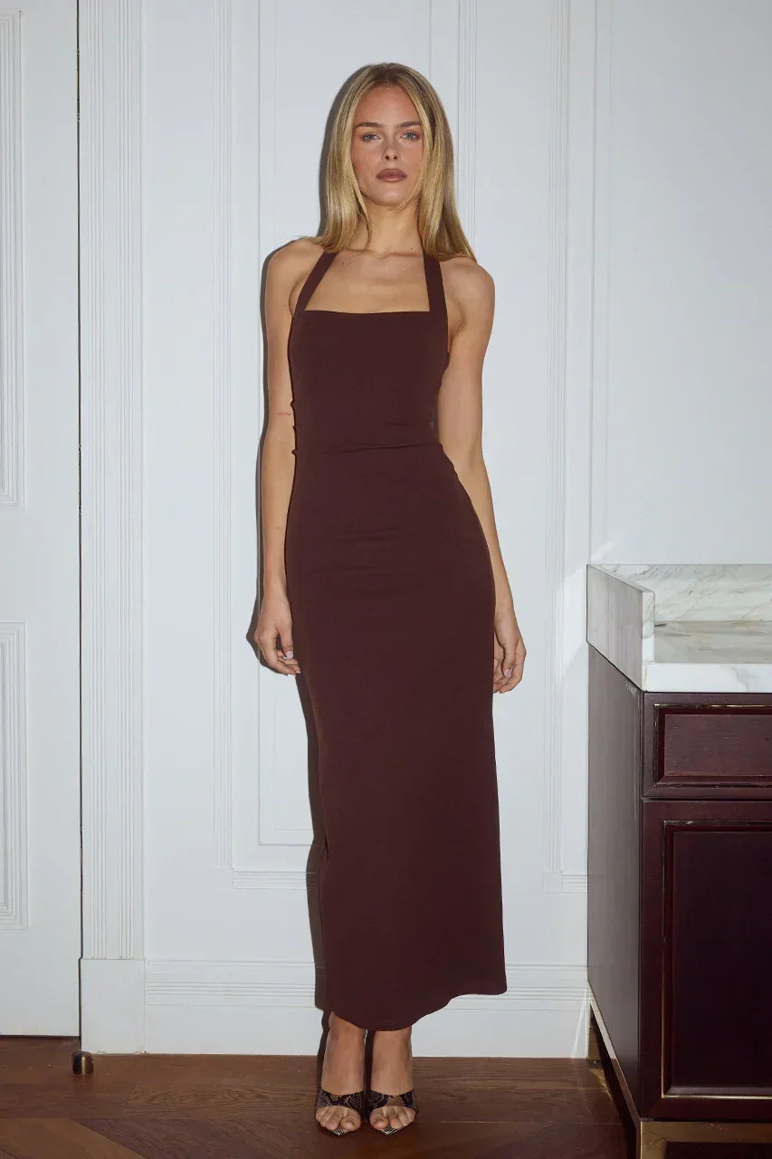 Square Neck Halter Open Back Bodycon Midi Dress