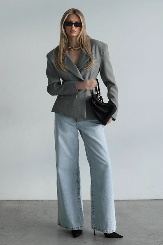 Padded Shoulder Notch Lapel Fitted Waist Peplum Blazer