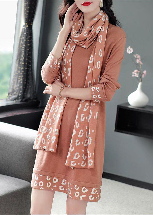 Animal Print Cuff Hem Long Sleeve Knit Dress Scarf Set