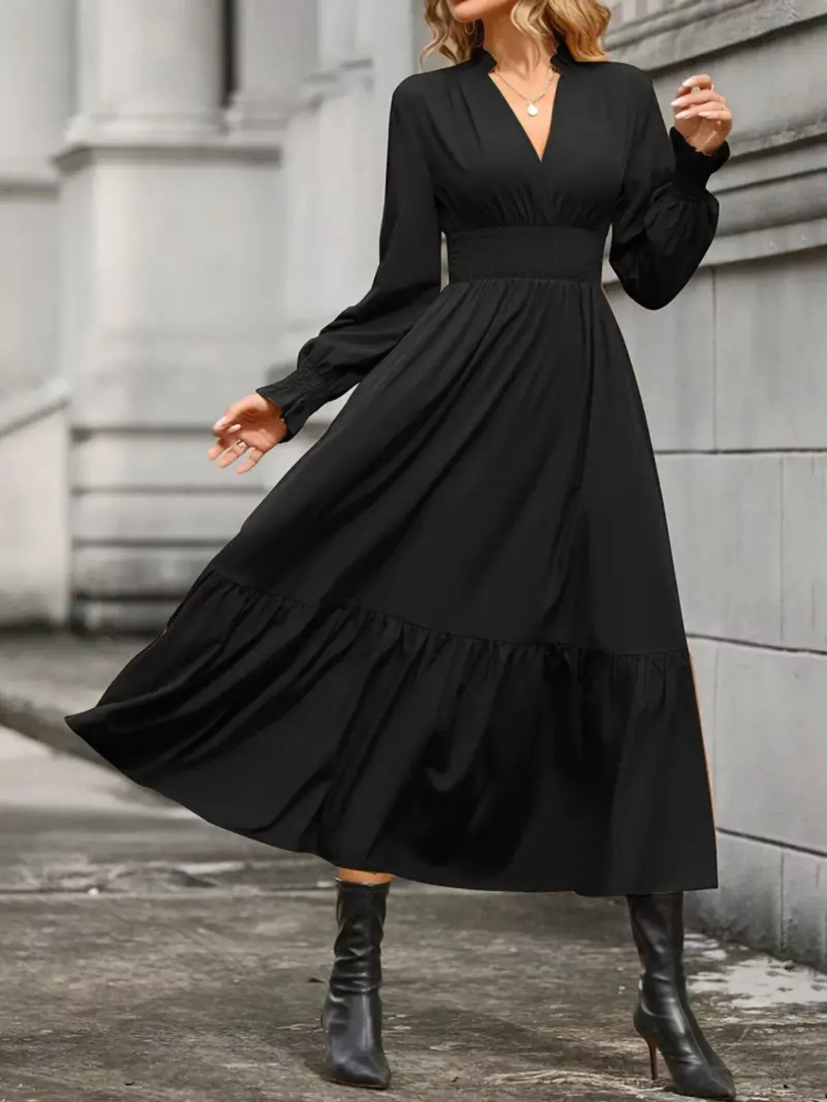 Surplice V-Neck Smocked Waist Balloon Sleeve Tiered Midi Dress 14