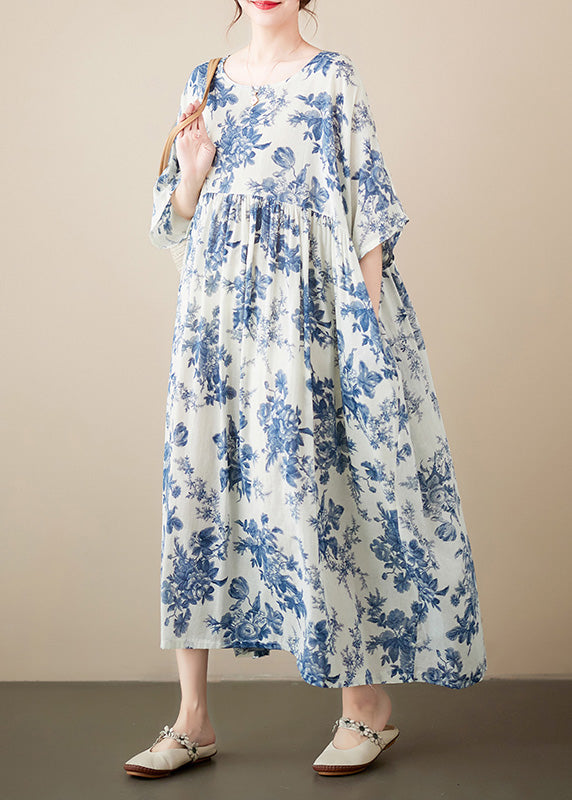 Floral Print Round Neck Short Sleeve Empire Waist Gathered A-Line Midi Dress