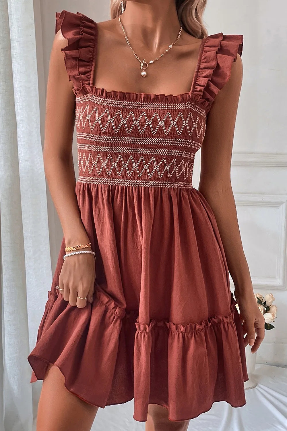 Ruffled Smocked Cap Sleeve Mini Dress Rust