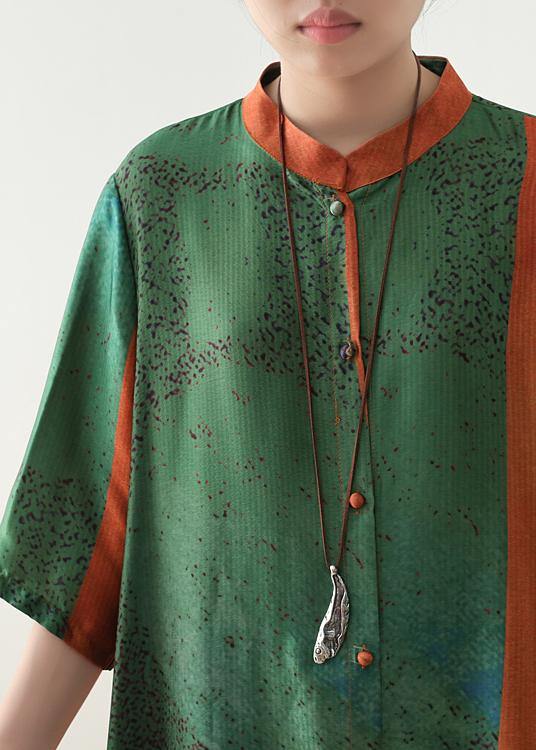 Floral Vase Print Mandarin Collar Half Sleeve Colorblock Linen Blend Maxi Dress
