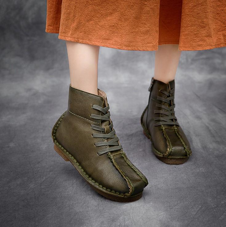 National Style Leather Short Boots For Women Lace Up Green/Black/Brown