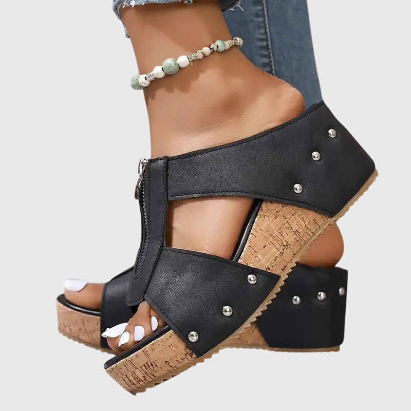 Open Toe Zip Front Cork Platform Wedge Mules 3